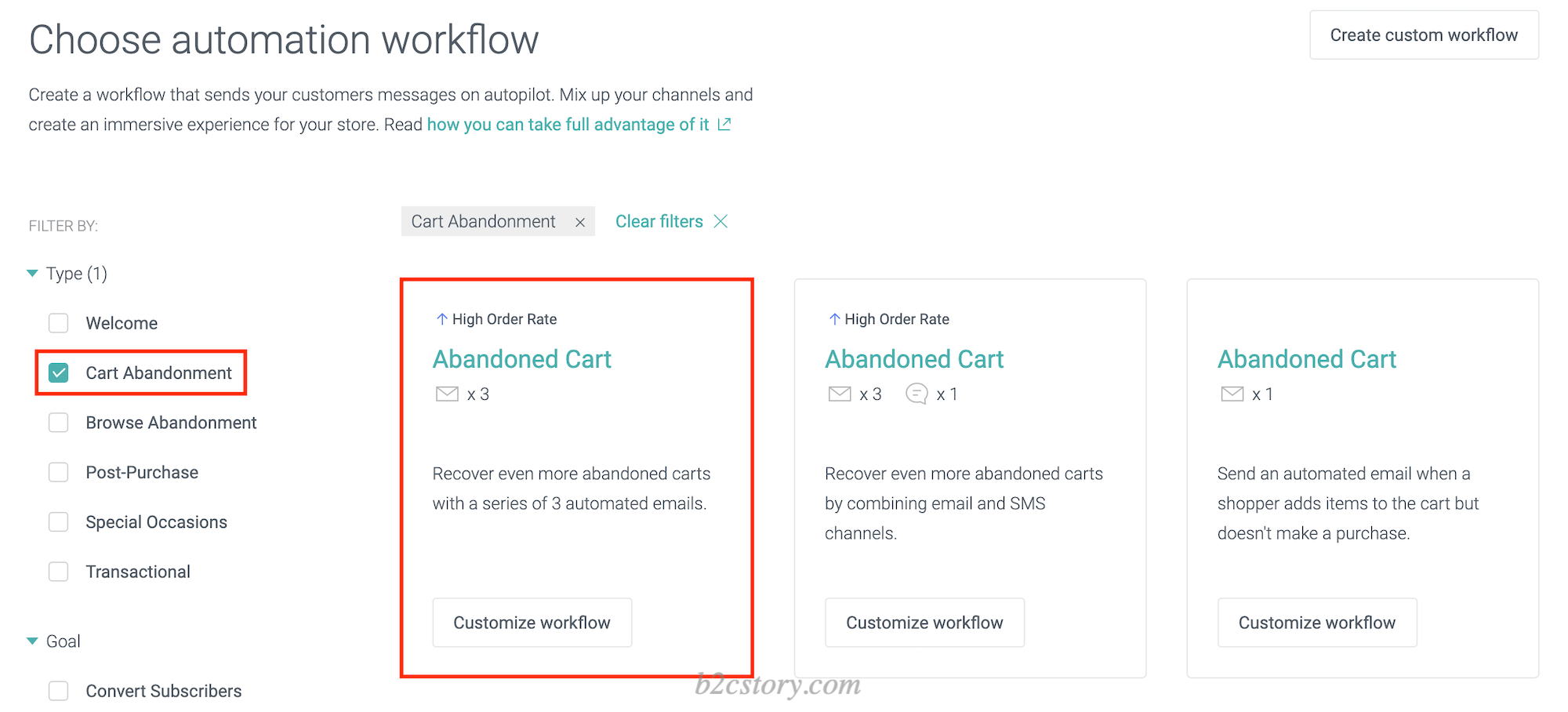 选择自动发送三封邮件的 Abandoned Cart Workflow