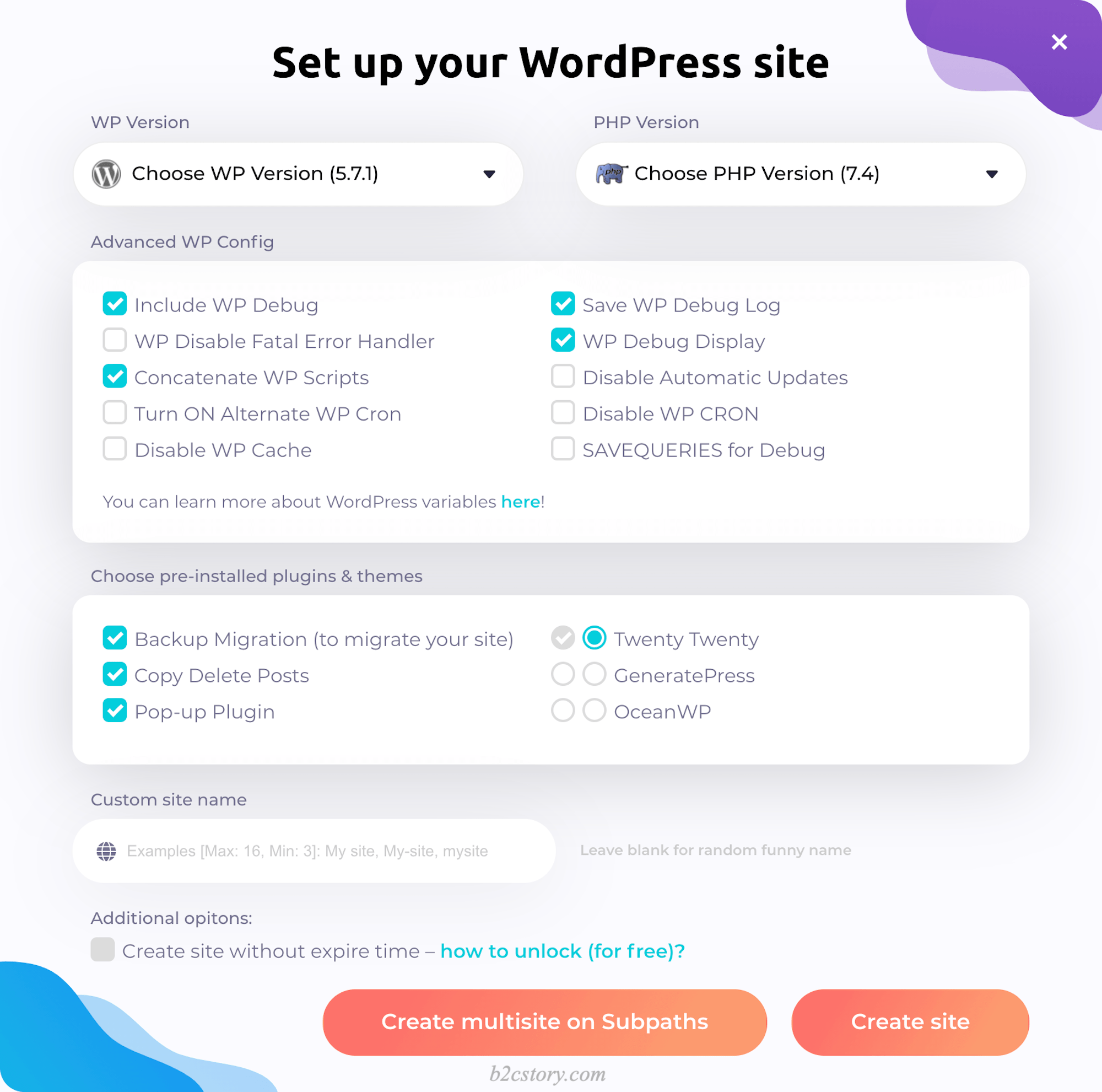 对即将创建的 WordPress 测试网站进行基本设置